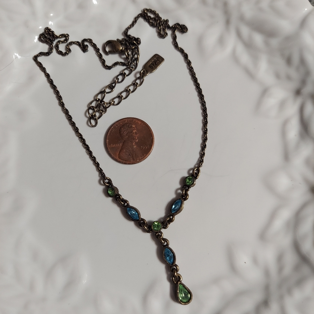 Vintage '1928' Antique Gold Tone/Blue & Green Faceted Crystal 'Y' Necklace